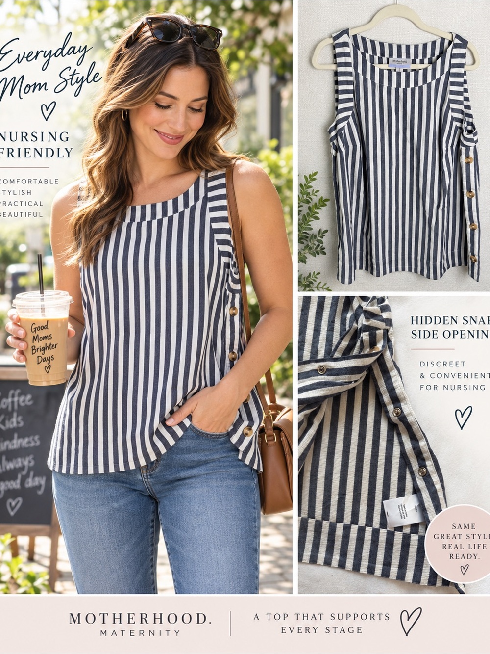 Motherhood Maternity Nursing Top Large Navy White Stripe Snap Side